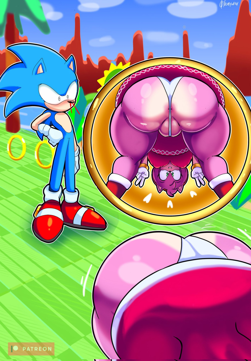 1boy 1girls amy_rose anus anus_peek ass bent_over big_ass big_breasts big_butt blue_body blue_fur fat_ass female flashing francyart34 green_eyes huge_ass large_ass large_breasts looking_at_ass looking_back male mooning nipple_bulge panties peace_sign pink_body pink_fur pink_hair sonic_(series) sonic_the_hedgehog sonic_the_hedgehog_(series) thick_thighs thighs white_panties wide_hips