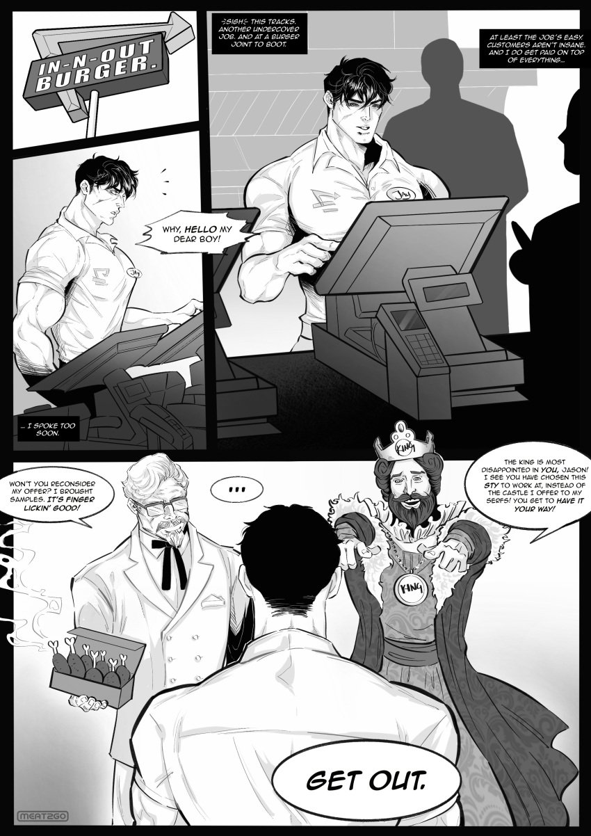 burger_king cashier clark_kent colonel_sanders comic crossover fast_food fast_food_employee justthemeat/meat2go kfc male_focus male_only mcdonald's ronald_mcdonald the_king_(burger_king)