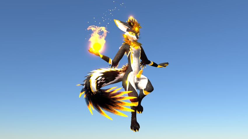 16:9 3d_(artwork) 4k absurd_res alternate_color alternate_form anthro ascended_xevian balls black_body digital_media_(artwork) elemental_manipulation feathers fire fire_manipulation fireball floating fur genitals glowing hi_res huge_filesize magic magic_user male penis rexouium stripes white_body white_fur white_stripes widescreen xevian_(xevianlight) xevianlight yellow_body yellow_feathers yellow_fur yellow_penis