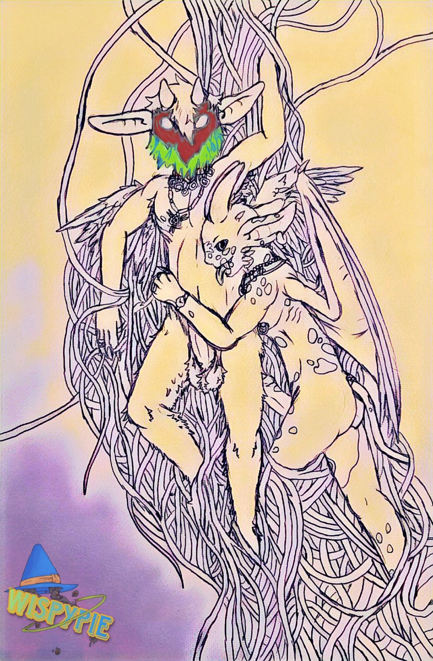 absurd_res arm_around_partner armpit_hair ball_tuft balls bat_wings body_hair clock duo ear_piercing ear_ring entangled feathered_wings feathers genitals hair hi_res high-angle_view horn humanoid humanoid_pointy_ears imp jewelry licking looking_at_viewer lying magic magic_user male male/male markings married_couple mask membrane_(anatomy) membranous_wings necklace nipple_piercing nipple_ring nipples non-human non-human_only photoshop piercing plant ring ring_piercing simon_crawford simple_background skinny third-party_edit tongue tongue_out traditional_media_(artwork) tuft vines watch welkin_(wispypie) wings wispypie