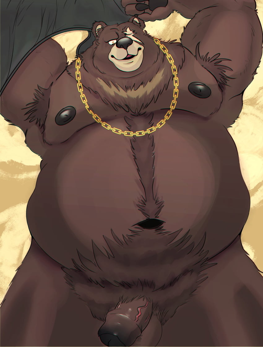 absurd_res anthro bear bearinvernal belly claws dreamworks erection exhibitionism genitals hairy hi_res jewelry male mammal manly navel necklace nipples obese obese_anthro obese_male overweight overweight_anthro overweight_male papa_bear paws penis pose pubes puss_in_boots_(dreamworks) puss_in_boots_the_last_wish solo vein veiny_penis