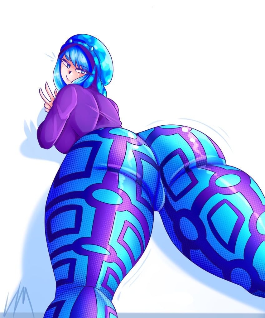 1girls big_ass big_breasts blue_eyes blue_hair hoodie jellyfish limovzkii peace_sign thick_thighs watermark