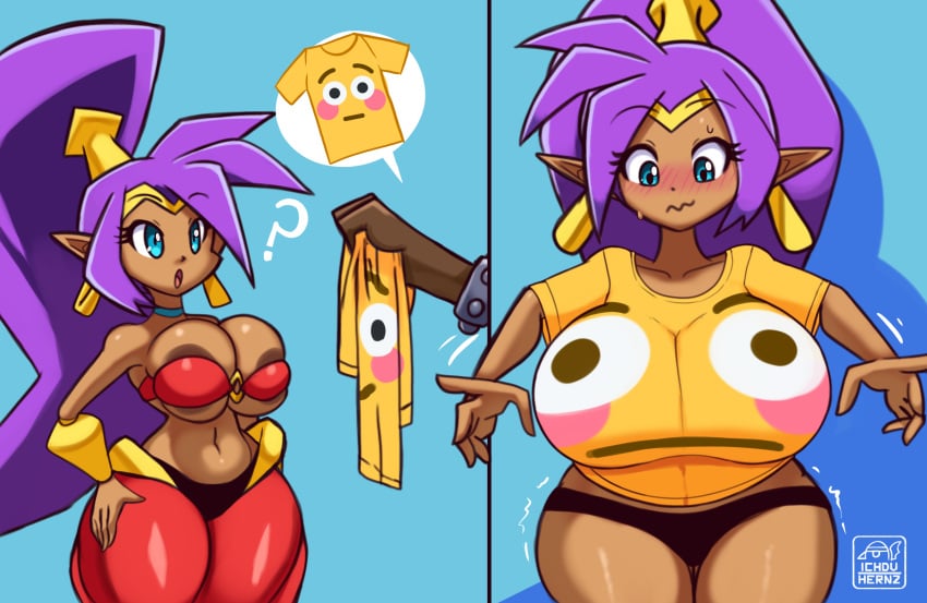 1girls areola_slip big_areola big_nipples blue_eyes blushing_emoji breasts brown_nipples dark-skinned_female dark_nipples emoji emoji_(race) female flushed_emoji flushed_emoji_shirt hug huge_areolae huge_breasts ichduhernz long_hair massive_breasts meme meme_attire nipple_slip purple_hair shantae shantae_(character) thick_thighs wardrobe_malfunction