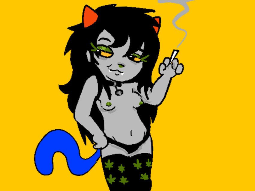 alien alien_girl alien_humanoid bright_colors cat_mouth catgirl furry homestuck joint meulin_leijon naked naked_female sharp_teeth solo solo_female solo_focus weed weed_smoke weedsmoke