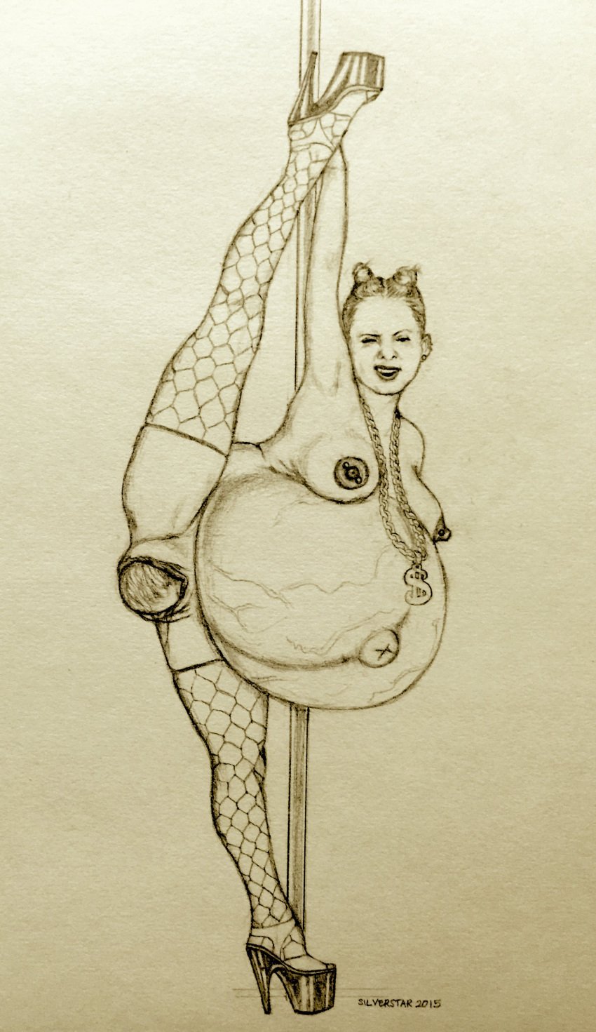 belly big_belly birth birthing breasts female fishnets high_heels linea_nigra necklace nipples outie_navel pole_dance pregnant pussy ready_to_pop silverstar1976 stretch_marks stripper stripper_pole traditional_media_(artwork) veiny_belly what