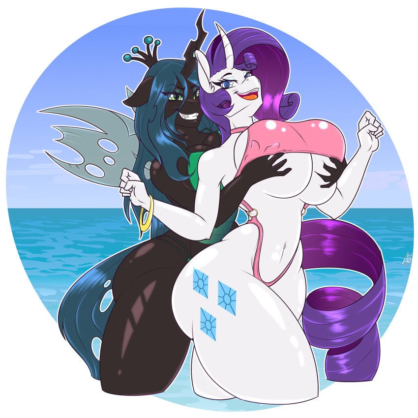 anthro arthropod black_body black_skin blue_hair breasts changeling crown cutie_mark duo equid equine female female/female friendship_is_magic hair hasbro horn mammal my_little_pony purple_hair queen_chrysalis_(mlp) rarity_(mlp) tail tatemil thick_thighs unicorn white_body white_skin wide_hips