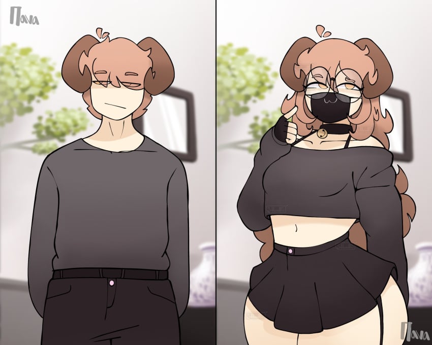 :/ :3 collar comparing comparison cropped_jacket crossdressing curvaceous curvy curvy_body curvy_figure curvy_hips curvy_male curvy_thighs cute face_mask femboy fingerless_gloves flan_(srnava) girly glasses gloves hips horns long_hair long_sleeves male male_focus oc sequence skirt srnava thick thick_thighs thighs transformation trap twink wide_hips