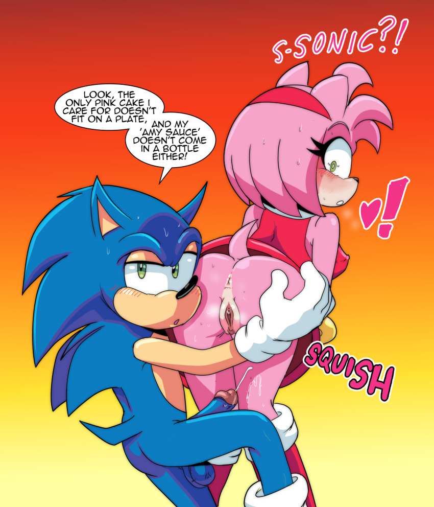 2024 amy_rose anthro anus ass blue_body blush bodily_fluids bottomless clothed clothing cum dialogue duo ejaculation english_text eulipotyphlan exposed_torso extraspecialzone female footwear genital_fluids genitals gloves green_eyes hair handwear heart hedgehog hi_res humanoid male male/female mammal mostly_nude multicolored_body onomatopoeia pink_body pink_hair pussy sega shoes simple_background sonic_(series) sonic_the_hedgehog sonic_the_hedgehog_(series) sound_effects sweat tan_body text two_tone_body