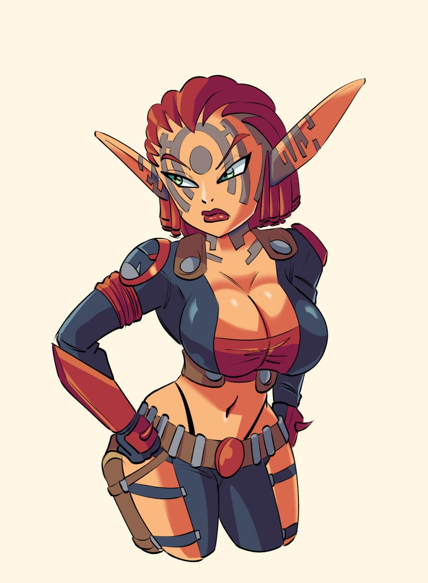 1girls armor ashelin_praxis belt big_breasts breasts cleavage curvaceous curvy curvy_body curvy_female curvy_figure dreadlocks face_tattoo female female_focus female_only fit_female fully_clothed funsexydragonball gloves green_eyes hips hourglass_figure jacket jak_and_daxter large_breasts lipstick long_ears looking_away medium_hair midriff plain_background pointy_ears red_hair red_lipstick revealing_clothes shoulder_armor skimpy skimpy_armor skimpy_clothes tanned tanned_female tanned_skin tattoos thick_thighs thighs thong thong_above_pants thong_straps underwear utility_belt visible_underwear voluptuous wide_hips