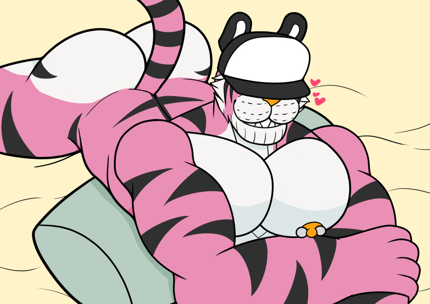 3loy absurd_res anthro ass bed biceps digital_media_(artwork) felid fur furniture hi_res looking_at_viewer lying male male_only mammal muscular muscular_anthro muscular_male nipple_piercing nipples nude on_front pantherine pecs piercing seductive simple_background smile solo solo_focus stripes tail tiger