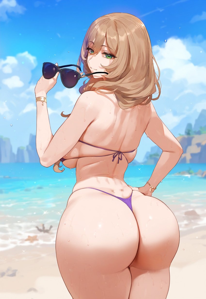 ai_generated ass back_view backsack beach big_ass big_butt bikini blonde_hair breasts brown_hair brunette dirty_blonde_hair female_only floox from_behind genshin_impact green_eyes huge_ass lisa_(genshin_impact) looking_at_viewer looking_back milf nai_diffusion rear_view round_butt sky smile stable_diffusion sunglasses sunglasses_removed tan_hair thiccwithaq_(ai_style) thong_bikini