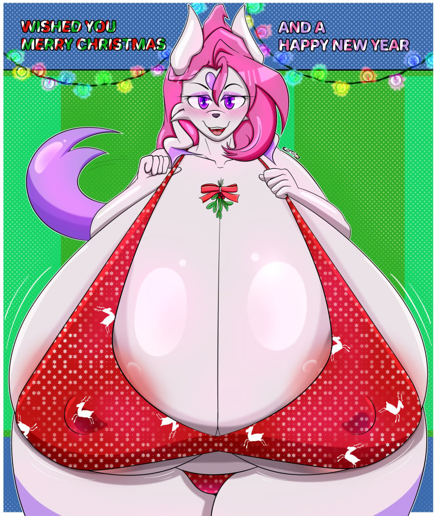 5_fingers anthro areola bra breasts ch0c0novawaffle christmas clothing female fingers fur generation_5_pokemon hair holidays hyper hyper_breasts kimiko_(ch0c0novawaffle) mienshao nintendo nipples panties pink_hair pokemon pokemon_(species) purple_body purple_eyes purple_fur solo underwear