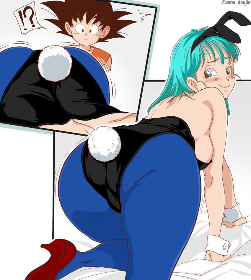 ass bulma_(bunny) bulma_briefs bunny_girl bunnysuit dragon_ball dragon_ball_(classic) dragon_ball_(series) saiyan son_goku son_goku_(young) teenage_bulma xeno_doujin