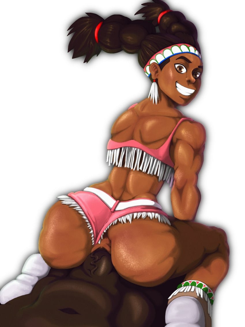 1boy 1girls big_ass big_penis blueast curvy dark-skinned_female dark-skinned_male dark_skin latina lily_hawk looking_at_viewer muscular_female native_american_female penis_in_pussy pink_shorts sex short_shorts sitting_on_penis straight street_fighter street_fighter_6 thick_thighs