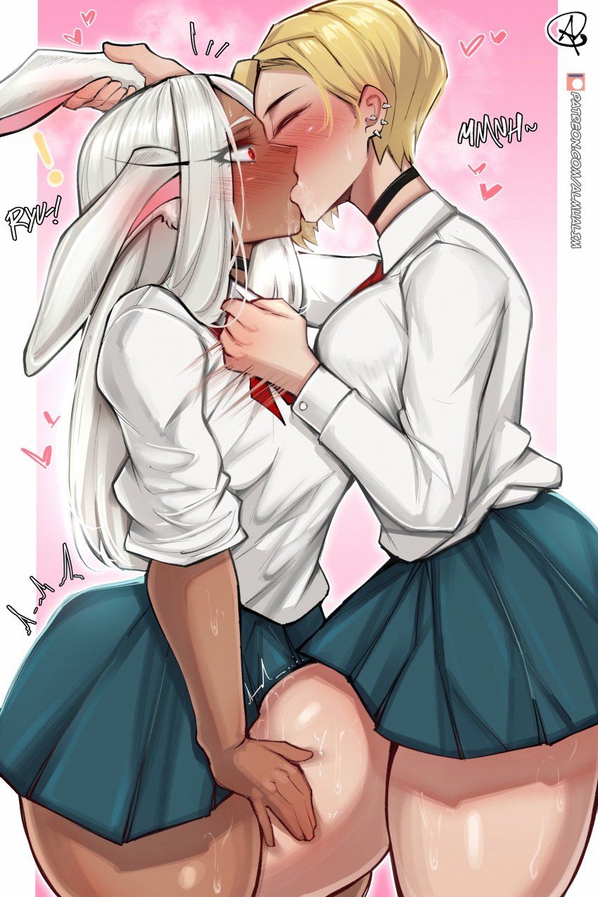 2girls absurd_res almualim ass big_ass big_breasts big_thighs blonde_hair blush breasts closed_eyes female female_only huge_ass huge_breasts huge_thighs kissing long_hair miruko multiple_girls my_hero_academia red_hair rumi_usagiyama ryuukyuu school_uniform schoolgirl short_hair skirt tagme tatsuma_ryuuko thick_hips thick_thighs thighs very_high_resolution white_hair yuri