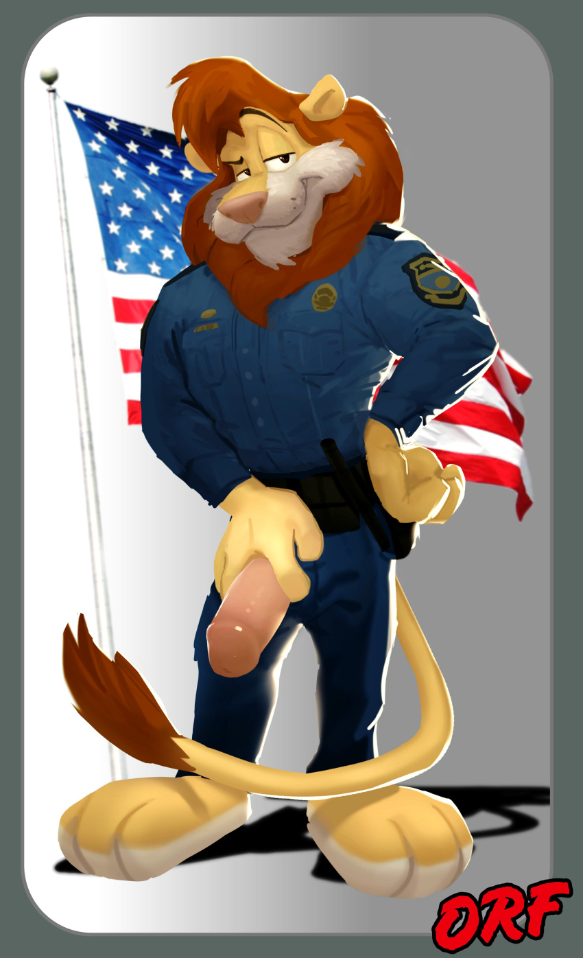 2020 absurd_res anthro barefoot bulge clothed clothing d.a.r.e. daren feet felid genital_outline genitals hi_res holding_penis lion looking_at_viewer male mammal orf pantherine penis penis_outline penis_through_fly poking_out police_uniform presenting presenting_penis signature solo stars_and_stripes uniform united_states_of_america