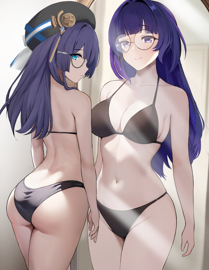 2girls altered_reflection ass beret bikini black_bra black_panties blue_eyes bra breasts cleavage collarbone different_reflection eyewear from_behind glasses hat hi_res honkai:_star_rail honkai_(series) honkai_impact_3rd indoors large_breasts light-skinned_female light_skin long_hair look-alike looking_at_viewer looking_back mei_(honkai_impact_3rd) mikhdrag mirror multiple_girls navel panties pela_(honkai:_star_rail) purple_eyes purple_hair semi-rimless_eyewear sideboob standing stomach underwear