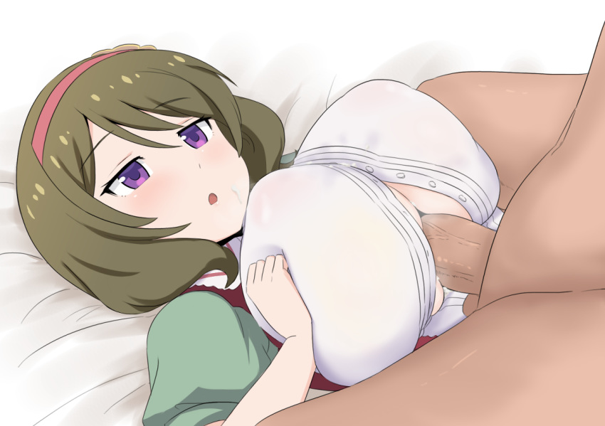 1boy bed blush breasts clothed_sex cum cum_on_breasts erect_nipples female flower green_hair hair_flower hair_ornament hairband hinako_note huge_breasts kuroyanagi_ruriko nao_(ritsancrossover) no_bra open_mouth paizuri penis purple_eyes