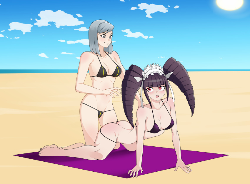 2girls all_fours anoneysnufftan applying_sunscreen beach bikini black_hair celestia_ludenberg crossover danganronpa embarrassed female female_only grey_eyes gyakuten_saiban headdress humiliation imminent_death karuma_mei killer_lotion maid_headdress massage murder ocean outdoors outside peril punishment red_eyes rubbing sand seaside silver_hair sky snuff summer sunbathing swimsuit towel twin_drills