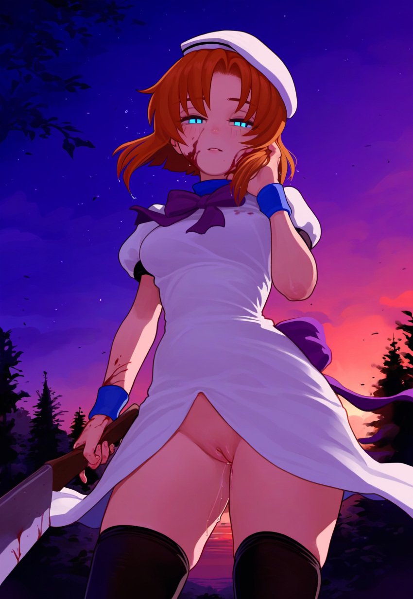 07th_expansion 1girls absolute_territory ai_generated black_thighhighs blood bottomless female female_only higurashi_no_naku_koro_ni holding_weapon looking_at_viewer medium_breasts orange_hair pussy ryuuguu_rena short_dress uncensored vagina white_dress white_headwear