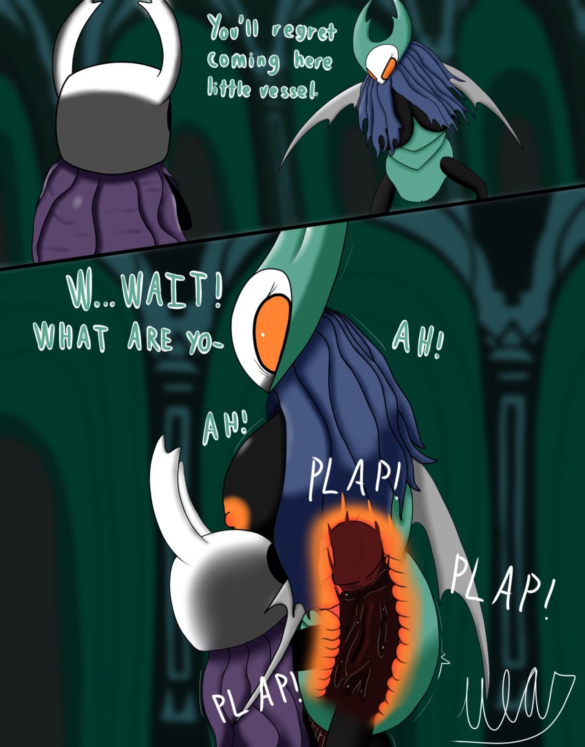 1boy 1boy1girl 1girls anal_penetration big_breasts big_penis bigger_female blurry_background bug bug_girl comic dialogue dominant_male english_text female_penetrated highres hollow_knight insects male/female male_penetrating_female not_furry protagonist_(hollow_knight) questionable_consent rule_63 sex small_but_hung smaller_male surprised taller_girl team_cherry the_infection_(hollow_knight) traitor_lord unknownlemon vessel_(species)