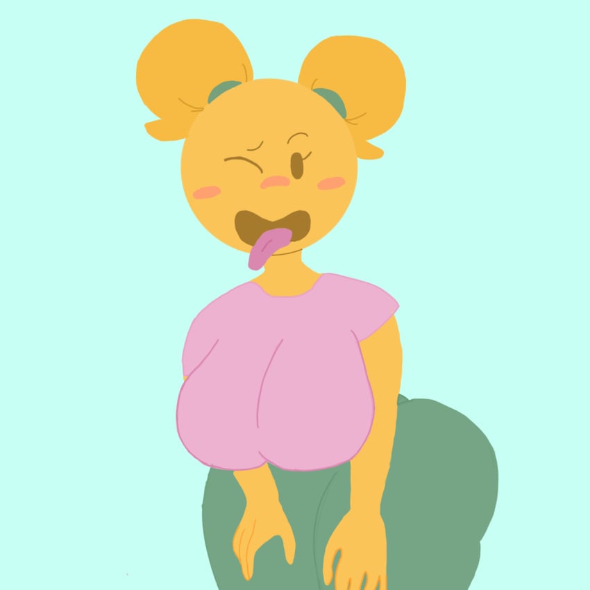 ahe_gao ahegao_face ass big_ass big_breasts big_butt big_thighs blonde_female blonde_hair blondie breasts clothed clothes emoji emoji_(race) emoji_bitch green_pants pink_shirt thick thick_ass thick_hips thick_thighs