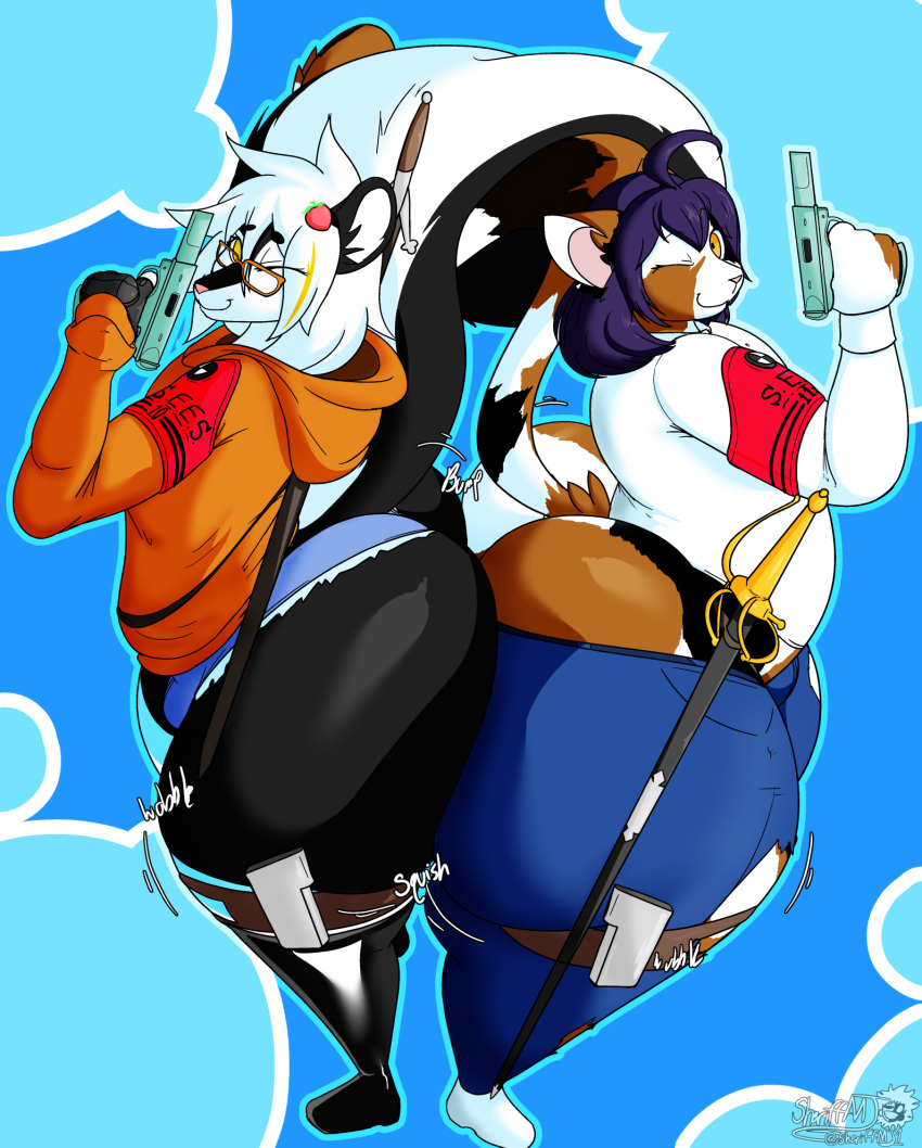 2024 2boys anthro ass ass_cleavage ass_squish ass_to_ass atlus big_ass big_butt blue_background bottomwear bulge butt_crack butt_squish chubby chubby_male clothing digital_media_(artwork) domestic_cat duo eyewear fat_ass felid feline felis femboy flora_(floraheartbottom) flora_heartbottom furry furry_only girly glasses gun handgun hi_res huge_ass huge_butt kat_(soraroxas153) kit_(soraroxas153) looking_at_viewer male male/male mammal masterj291 megami_tensei megami_tensei_persona melee_weapon mephitid pants pistol ranged_weapon rapier sega shorts simple_background skunk slightly_chubby squish sword thick_thighs torn_bottomwear torn_clothing torn_pants weapon