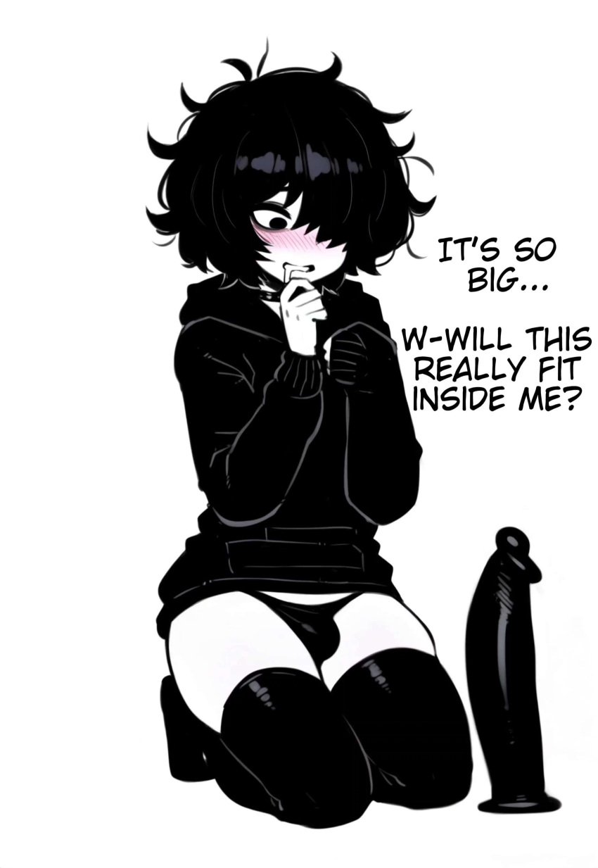 a1boy ahoge ai_generated black_choker black_dildo black_hair black_hoodie black_panties black_thighhighs blush bulge caption choker dildo doomer_boy drooling english_text eyeshadow femboy kneeling large_dildo mahiroka messy_hair monochrome pale_skin penis_awe petite self_upload sex_toy skindentation small_penis solo spot_color thick_thighs thighhighs white_background