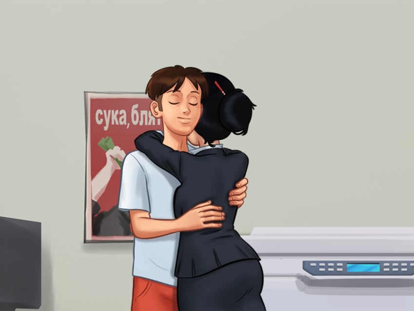 1boy 1girls 2d 2d_(artwork) after_sex asian asian_female black_hair breast_press breast_press_on_chest breast_squeeze brown_hair closed_eyes clothed clothing darkcookie digital_drawing_(artwork) digital_media_(artwork) earrings female hug hugging hugging_partner light-skinned_female light-skinned_male light_skin liu_wang_(summertime_saga) main_character_(summertime_saga) male male/female satisfied satisfied_smile skirt smile smiling standing summertime_saga