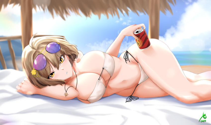 anis_(nikke) anis_(sparkling_summer)_(nikke) beach bed_sheet blonde_hair c-r-l-o-0-5 can drink_can eyewear_on_head glasses goddess_of_victory:_nikke highres jewelry looking_at_viewer lying necklace ocean on_side shack soda_can swimsuit thick_thighs thighs