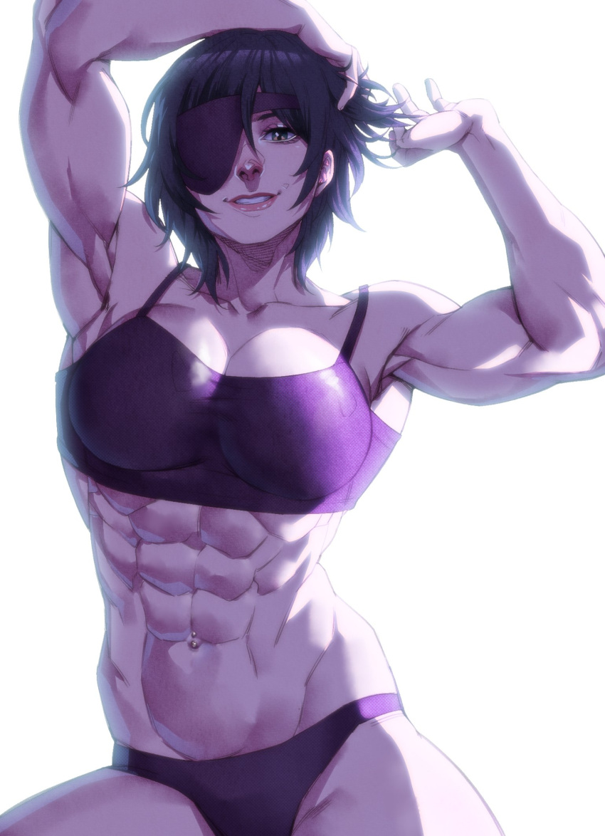 abs arms_up az_ciam belly_piercing biceps black_hair breasts chainsaw_man eyepatch himeno_(chainsaw_man) large_breasts muscular_female short_hair simple_background smile tomboy toned