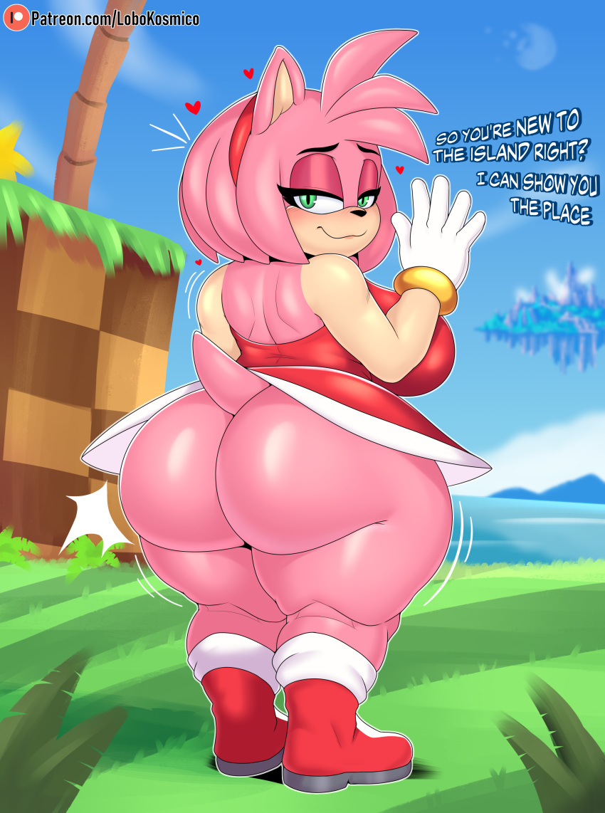 1girls absurd_res amy_rose angel_island anthro ass big_ass big_breasts blush bottomless bottomwear breasts bubble_butt clothed clothing curvy_figure cute cute_face detailed_background digital_drawing_(artwork) digital_media_(artwork) eulipotyphlan female footwear fur furry gloves grass green_eyes hair handwear heart hedgehog hi_res huge_ass lobokosmico looking_at_viewer looking_back mammal multicolored_body outside palm_tree pink_body pink_fur pink_hair plant rear_view sea sega shortstack skirt sky smile solo solo_female sonic_(series) sonic_the_hedgehog_(series) tail text thick_thighs tree two_tone_body water wide_hips