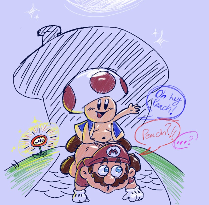 anal anal_sex blush body_hair caught caught_in_the_act enterman fire_flower male male/male male_only mario mario_(series) offscreen_character outdoors outside_sex speech_bubble super_mario_bros. toad_(mario) toony waving