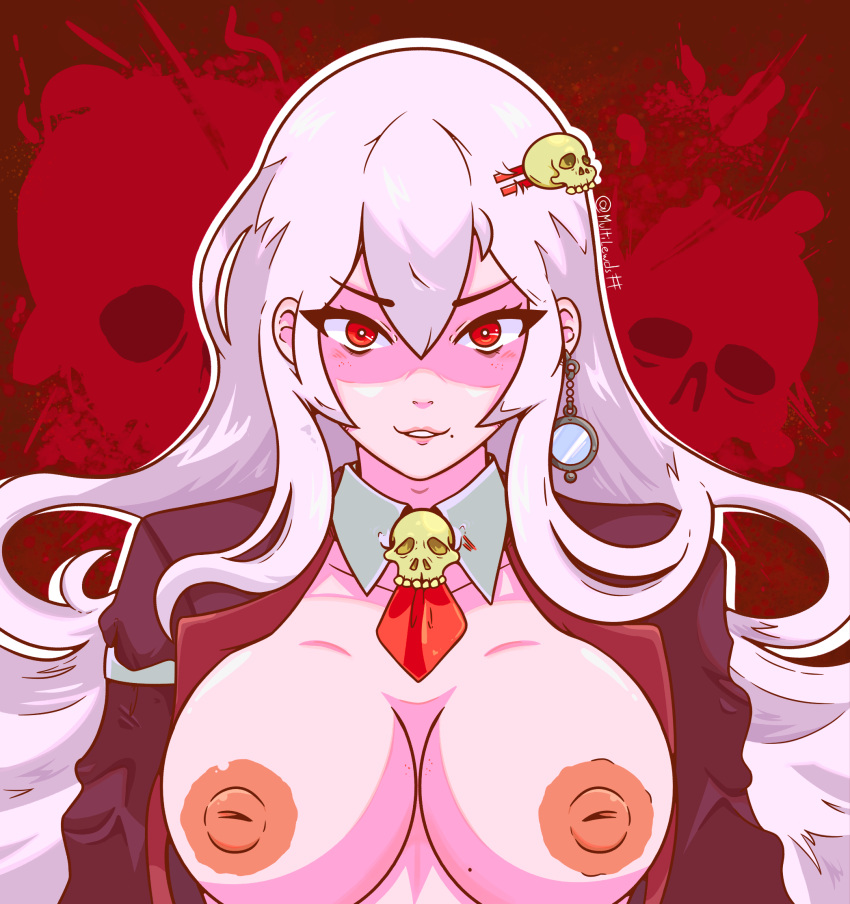 beauty_mark long_hair multighosts pale-skinned_female pale_skin red_eyes simple_background skull_choker skull_hair_ornament suit_jacket tits_out white_hair