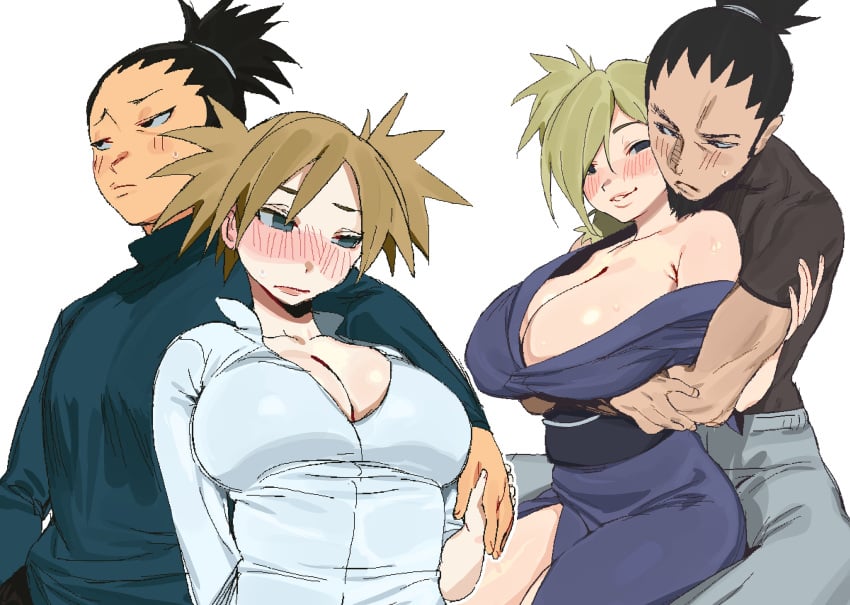 1boy 1girls absurdres aged_up arm_around_shoulder black_hair blonde_hair blush boruto:_naruto_next_generations breasts canon_couple cleavage couple female hair_over_one_eye highres holding_hands hug hug_from_behind huge_breasts husband_and_wife japanese_clothes kimono large_breasts male mature_female mature_male nara_shikamaru naruto naruto:_the_last naruto_(series) naruto_shippuden off_shoulder paid_reward_available parted_lips quad_tails simple_background smile sweatdrop temari twintails white_background whoopsatro