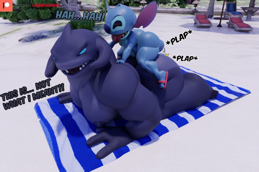 2boys alien anal_sex angry anthro ass beach camseven dialogue disney english_text gantu gay lilo_and_stitch looking_back male male/male male_only nude outside penetration size_difference smaller_male stitch_(lilo_and_stitch) suprised text