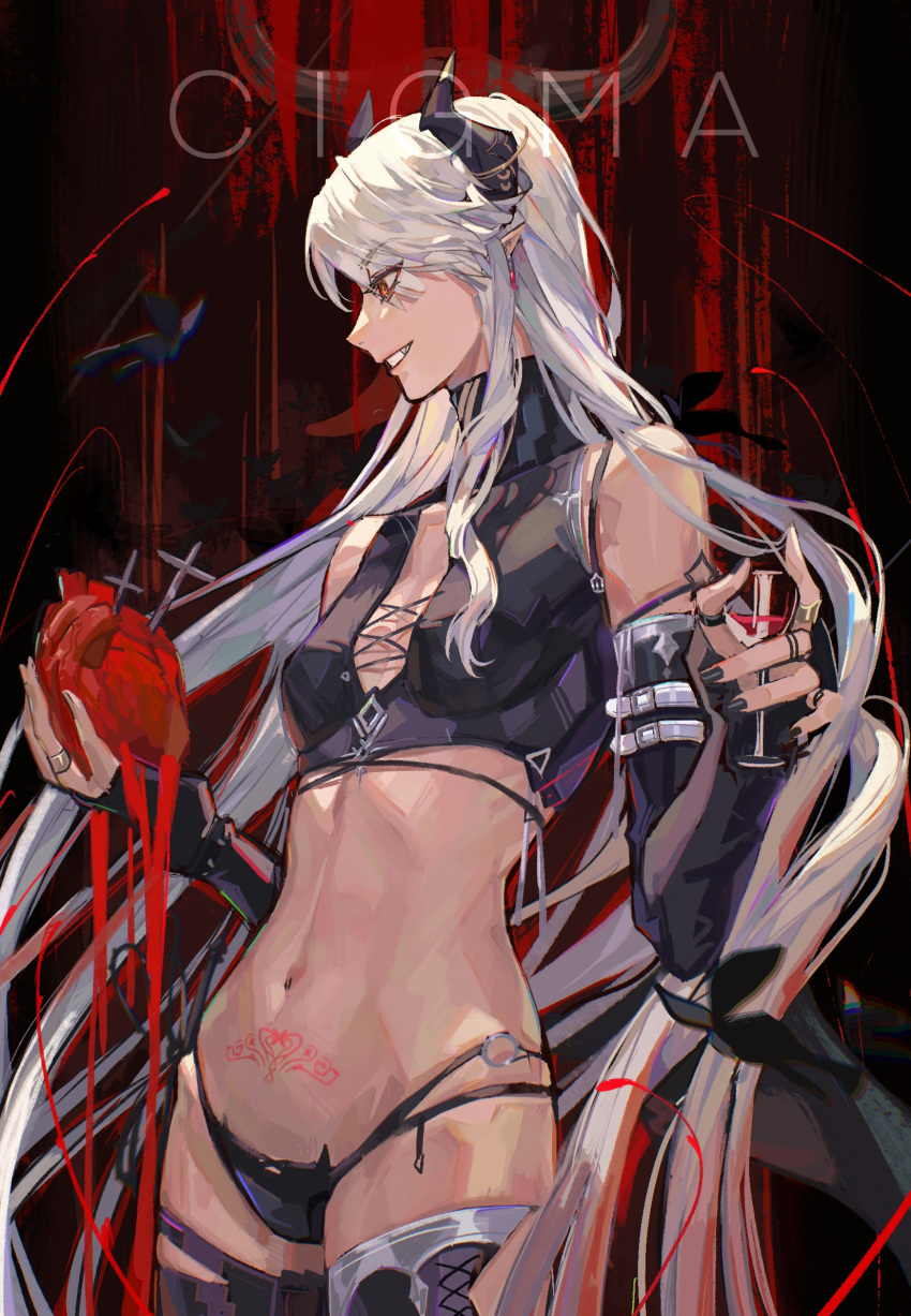 1girls artist_name bare_shoulders black_bra black_collar black_horns black_panties blood bra cigma collar cup dangle_earrings demon_girl detached_sleeves drinking_glass earrings female female female_only heart highres holding holding_cup holding_heart horns jewelry long_hair oerba_yun_fang original panties pointy_ears pubic_tattoo ring smile solo sweat tattoo thighhighs underwear very_sweaty white_hair wine_glass yellow_eyes