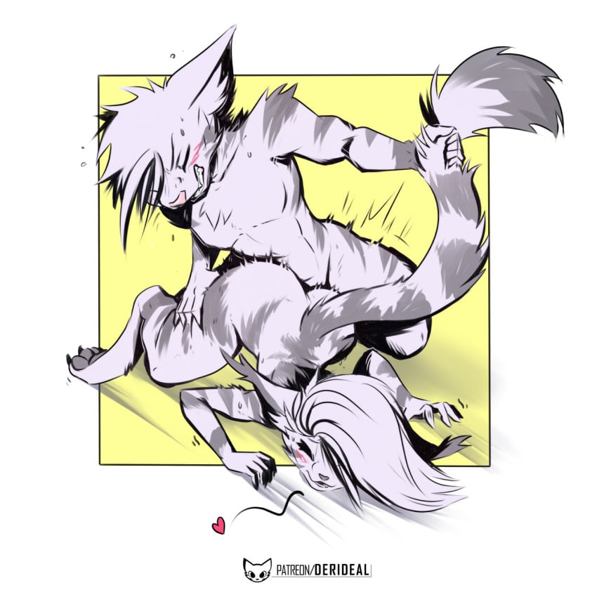 2023 abs all_fours alpha_(derideal) claws claws_out clenched_teeth closed_eyes colored derideal digital_drawing_(artwork) digital_media_(artwork) duo ears_up english_text female feral from_behind_position fur grey_nose hand_on_leg hand_on_tail heart hi_res holding_tight icon ivory_(derideal) kiaun letters love male male/female pink_nose scratching sex shaded signature simple_background striped_body striped_fur stripes symbol tail teeth text url white_background yellow_background