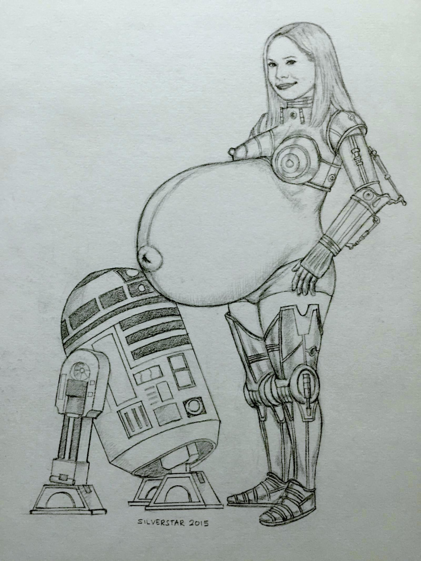 1girls belly big_belly big_breasts breasts c-3po c-3po_(cosplay) cosplay female female_focus linea_nigra outie_navel pregnant r2-d2 ready_to_pop silverstar1976 star_wars torpedo_belly traditional_media_(artwork)