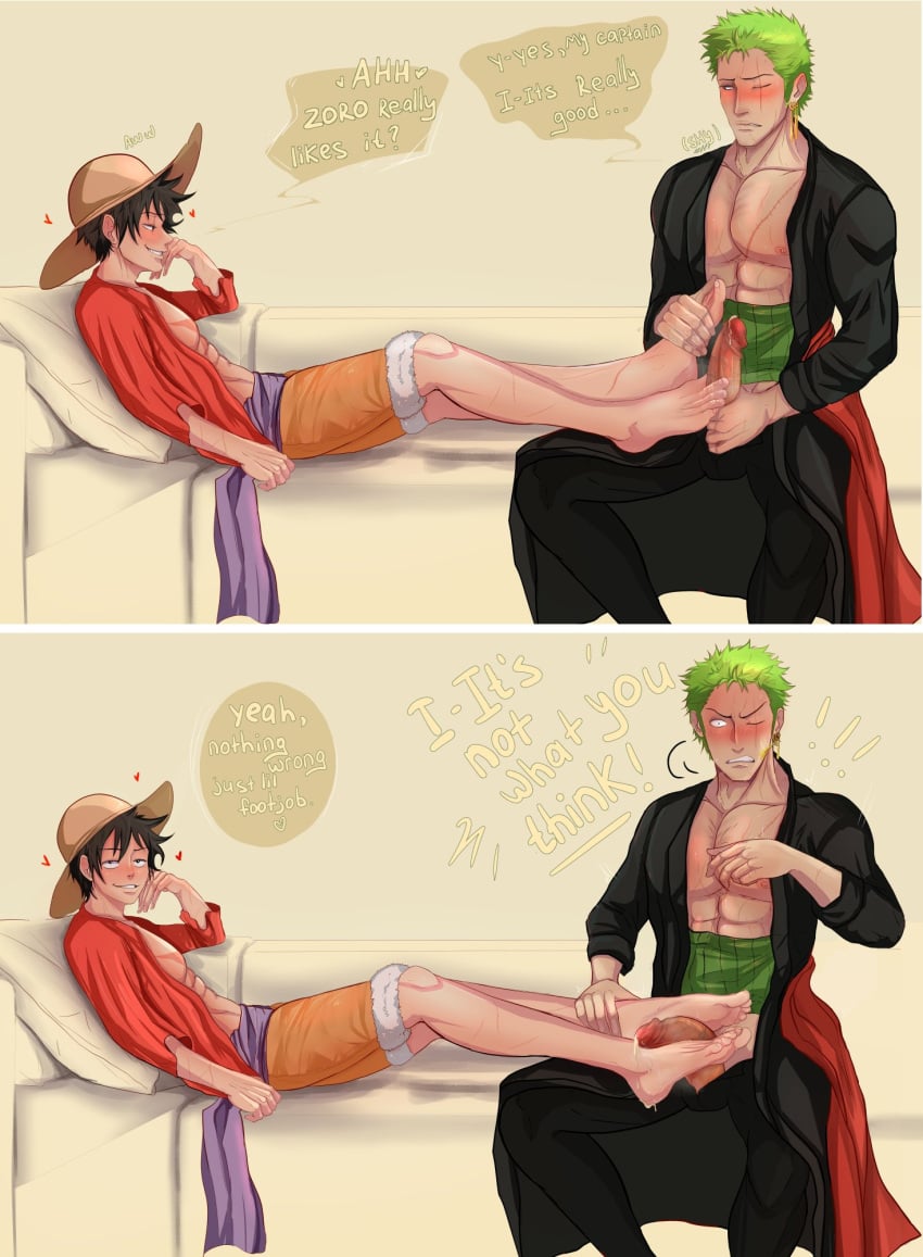 2boys footjob full_body gay green_hair kiskins lying male_focus male_only monkey_d_luffy one_piece penis roronoa_zoro undressing yaoi