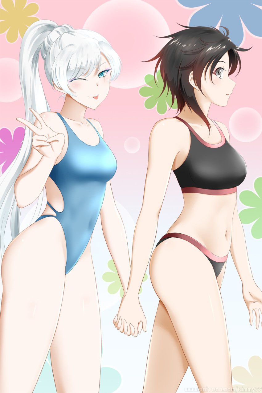 2girls bikini black_bikini black_hair black_swimsuit blue_eyes blue_one-piece_swimsuit blue_swimsuit breasts female female_only grey_eyes highleg highleg_swimsuit holding_hands human kimmy77 large_breasts looking_at_viewer midriff multiple_girls navel one-piece_swimsuit ponytail ruby_rose rwby scar scar_across_eye short_hair small_breasts swimsuit weiss_schnee white_hair winking_at_viewer yuri