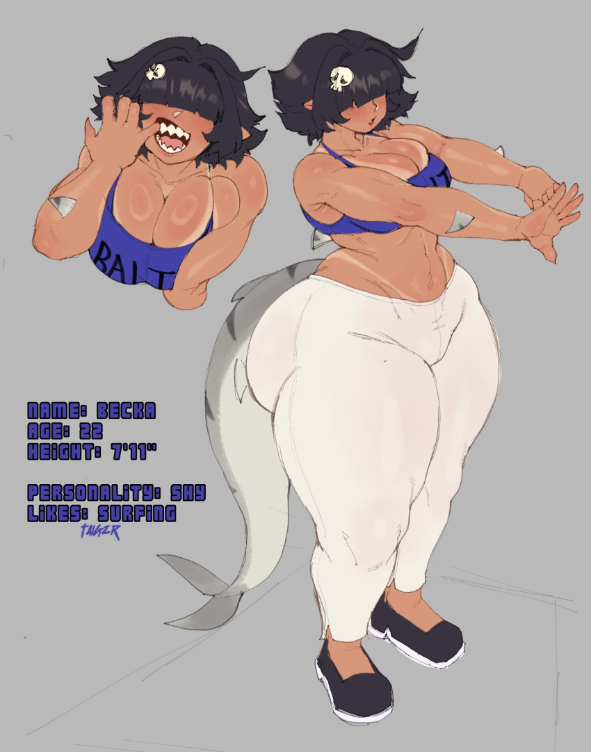 becka_(taigerarts) big_ass big_breasts big_butt blunt_bangs bottom_heavy cleavage eyes_covered female grey_background hair_over_eyes mommy shark shark_girl shark_humanoid shark_tail shark_teeth sharp_teeth taigerarts tan_body tanline