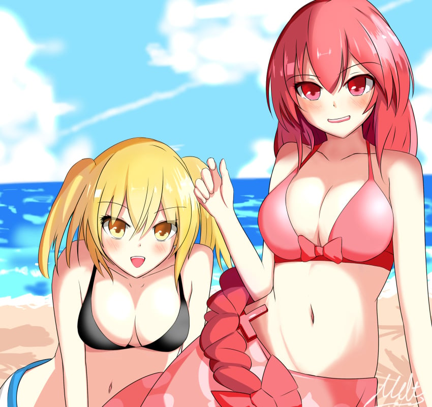 2girls absurdres alternate_costume bare_arms bare_shoulders beach bikini black_bikini blonde_hair blue_sky blush bow braid breasts cleavage cloud day hair_between_eyes hair_ornament hairbow highres kitashirakawa_chiyuri long_hair looking_at_viewer medium_hair multiple_girls navel ocean okazaki_yumemi open_mouth outdoors red_bikini red_bow red_eyes red_hair sand sarong senri_meruto sky smile stomach swimsuit touhou touhou_(pc-98) yellow_eyes