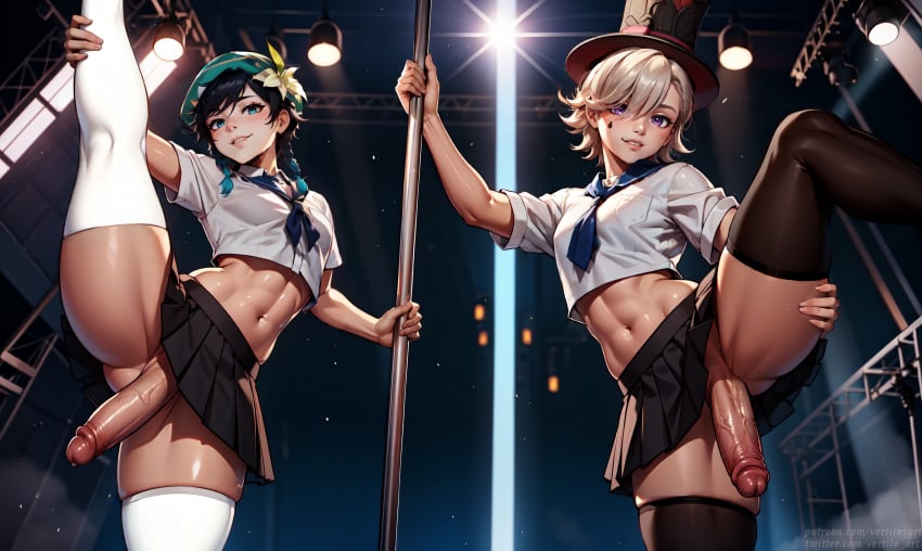 2boys ai_generated belly beret black_legwear black_skirt blush dancing erection femboy femboy_only feminine_male genshin_impact girly hat hung_trap large_penis leg_lift leg_up legs_up looking_at_viewer lyney_(genshin_impact) male male_only midriff navel neon_lights otoko_no_ko penis pole pole_dancing school_uniform serafuku skirt smile stage stage_lights standing standing_split stripper_pole tagme take_your_pick thighhighs thighs tie top_hat twin_braids venti_(genshin_impact) vertiloart white_legwear