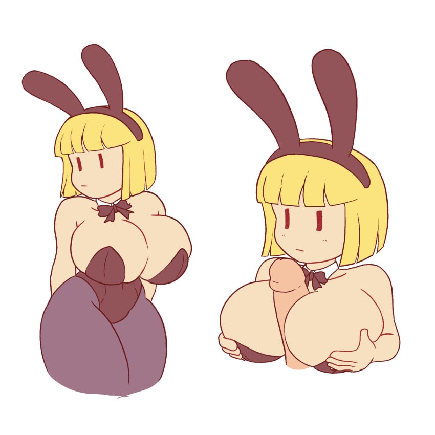 1boy 1girls between_breasts black_bowtie blonde_hair blunt_bangs bob_cut bowtie breasts bunnysuit clothed_paizuri detached_collar dozo_gon fake_rabbit_ears huge_breasts mob_face multiple_views nichijou paizuri paizuri_under_clothes pantyhose penis playboy_bunny rabbit_ears sekiguchi_yuria sketch straight strapless_leotard thick_thighs thighs titjob |_|