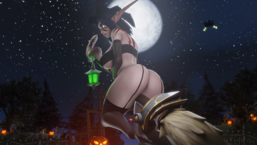 black_hair bra broom feline halloween kynalea_dawnfire moon moonlight morilymory night_elf no_panties warcraft world_of_warcraft