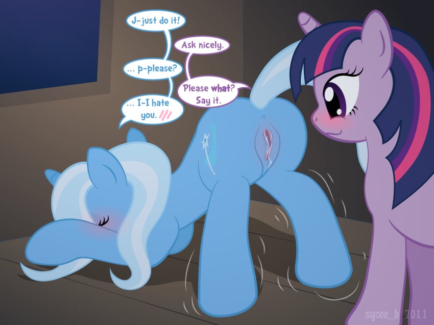 begging bent_over blue blush clitoris cunnilingus duo equine female friendship_is_magic furry furry_only horn my_little_pony oral oral_sex presenting purple pussy pussy_juice raised_tail sex shy straight_hair syoee_b tail text trembling trixie_(mlp) trixie_lulamoon twilight_sparkle_(mlp) unicorn vaginal_penetration yuri