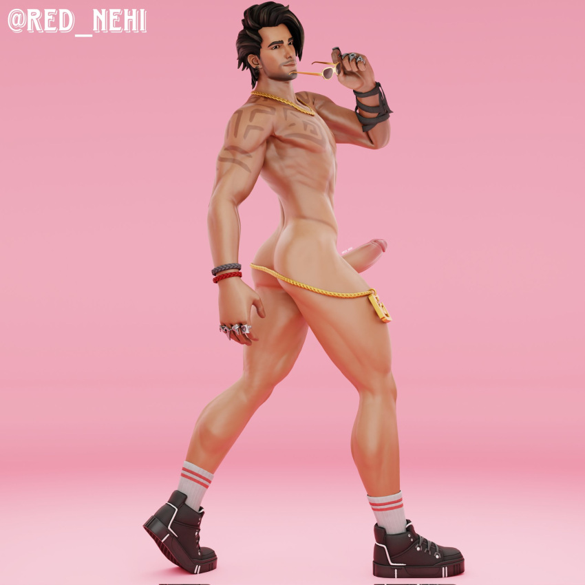 ass fortnite full_body male_focus male_only masculine nude raz_(fortnite) red_nehi riptide_raz solo tattoo undressing