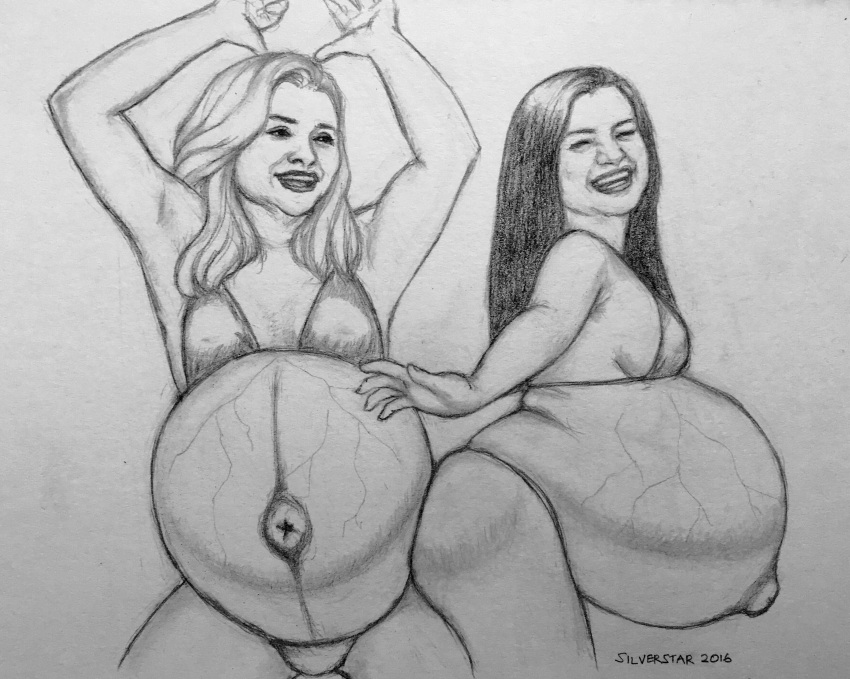 2girls ass belly big_belly bikini celebrity female female_only huge_belly linea_nigra monochrome multiple_girls multiple_pregnancies nipples_visible_through_clothing outie_navel pregnant ready_to_pop real_person selena_gomez sideboob silverstar1976 skimpy traditional_media_(artwork) veiny_belly