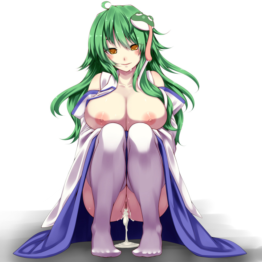 1girls after_sex ahe_gao ahoge blush breasts cum cum_inside cum_pool cumdrip detached_sleeves draining female frog green_hair hair_ornament highres huge_breasts large_breasts long_hair nipples pussy sanae_kochiya snake solo squatting sweat thighhighs tongue tongue_out touhou tro yellow_eyes